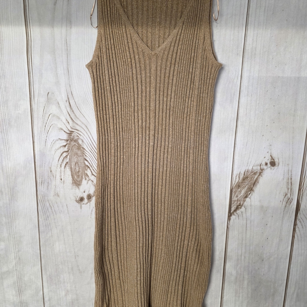 MSK V-Neck Ribbed Knit Midi Dress - Brown